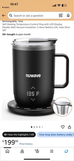 Nuwave Smart Heated Coffee Mug with Custom Brew Modes, Rechargeable, 16oz