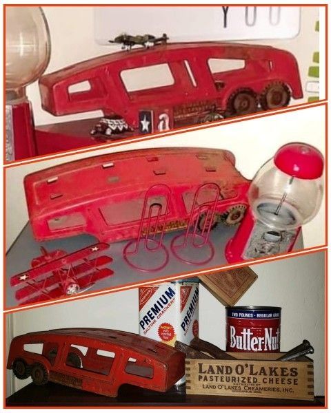 VINTAGE INDUSTRIAL FIRE RED STRUCTO AUTO TRANSPORT NO. 706 STEEL METAL TOY TRUCK WAGON COLLECTABLE