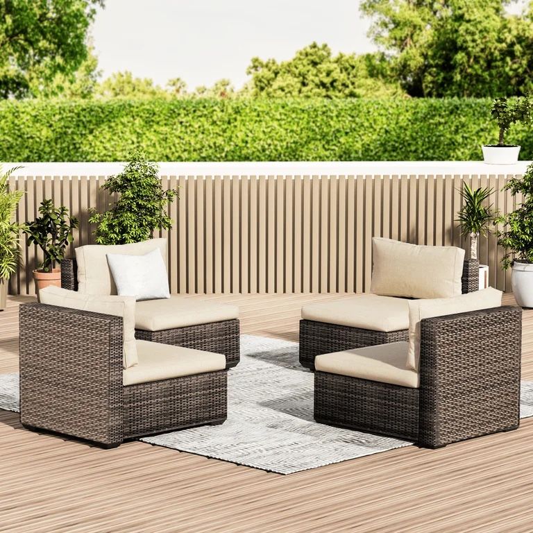 Grezone 4 Pieces Patio Furniture Set, All Weather Outdoor Sectional PE Rattan, Patio Conversation Sets