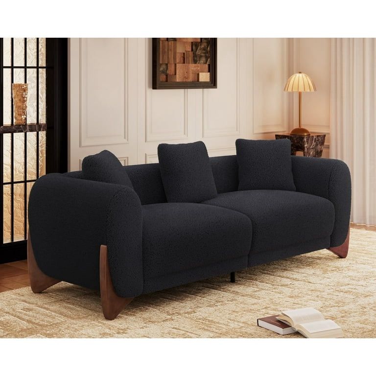 Sherpa Boucle Cloud 3-Seater Sofa, Upholstered Modern Comfy Couch with Crescent Wood Legs and 3 Matching Pillows, Black