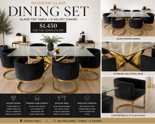 Modern Glam Glass Top Dining Set with 6 Chairs