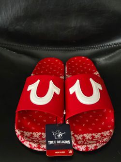 True Religion Men's Red Paisley Logo Slides Sandals Synthetic size 10