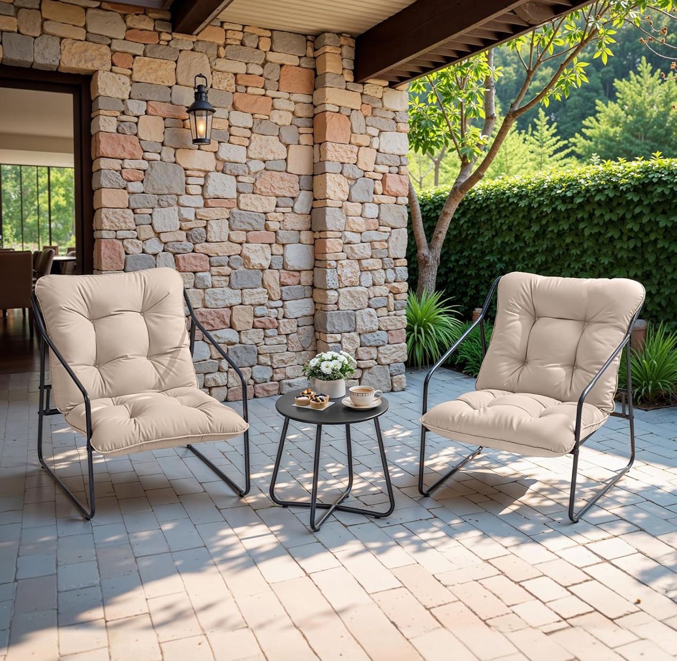 3-Piece Patio Set – 2 Beige Chairs + Metal Table (Open Box)