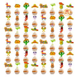 48 adornos para cupcakes de Cinco de Mayo, 12 estilos de decoración mexicana para fiestas, diseño de sombrero de cactus chile, decoración de pastel de