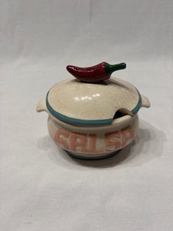 Ceramic Salsa Serving Dish With Lid With Red Chile Pepper Top  Handle