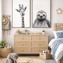 🦒 Neutral Safari Nursery Wall Art Set – Framed Giraffe & Sloth 23 in. x 33 in.