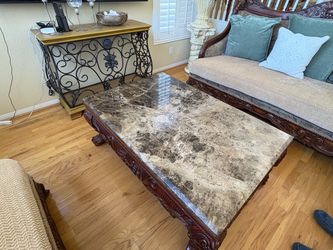 Aico Marble Top Coffee Table with Carved Wood Base