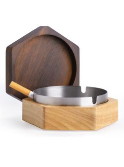 Windproof Ash Tray for Weed with Lid, Wooden Ashtray with Stainless Steel Liner for Outdoors and Indoors Use, Smoking Ashtray for Home Office