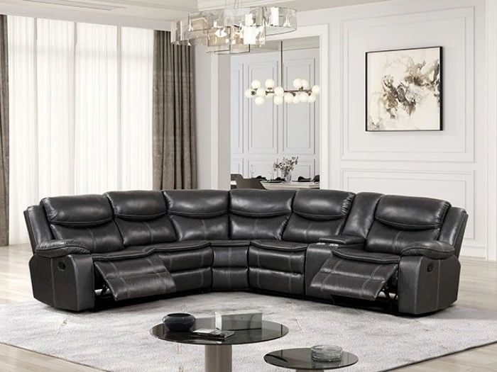New Spacious Reclining Sectional.  Brown Or Dark Grey Breathable Leatherette.  123x110x41H.  Free Delivery!
