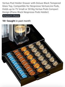 Vertuo Pod Holder Drawer with Deluxe Black Tempered Glass Top, Compatible