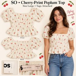 NWT SO Cherry Print Peplum Top Large Ivory Puff Sleeve Shirred Blouse