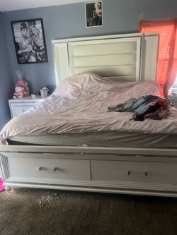 White King Bed Frame with Storage Drawers