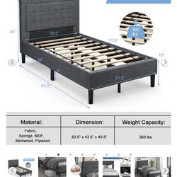 Twin Size Upholstered Bed Frame Button Tufted Foundation Gray