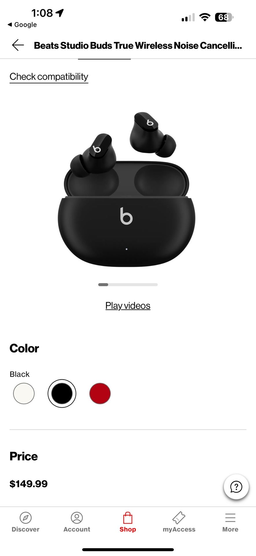 Beats Studio Buds - True Wireless Noise Cancelling Earbuds (Black) - $100