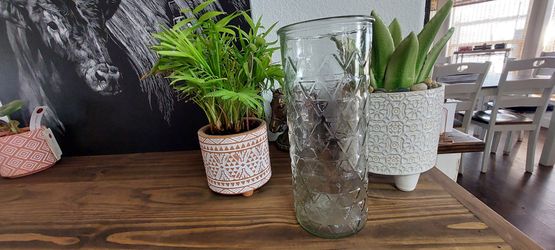 Large Clear Glass Flower Vase Triangle Pattern Boho Farmhouse Coastal Decor