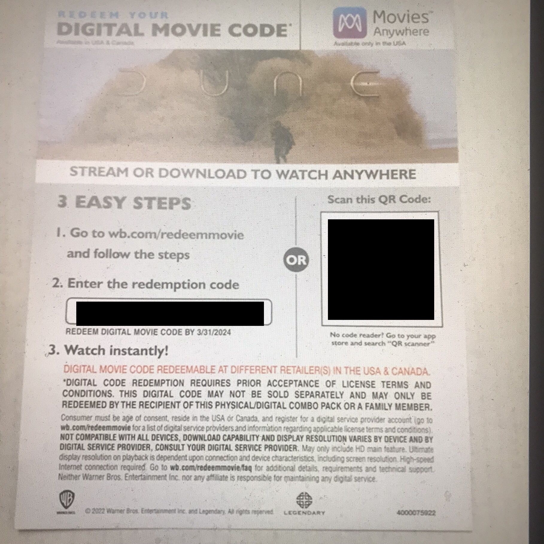 Dune 4K Movie Digital Redemption Code
