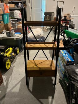 Industrial Wood and Black Metal Ladder Bookshelf with Drawer