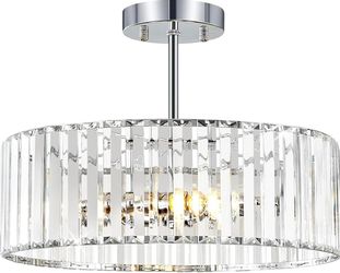 New 15.74”Chrome Crystal Ceiling Light Fixture,3-Light Semi Flush Chandelier, Round Pendant Dimmable