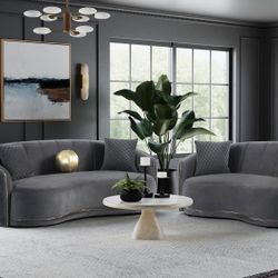 Brand New Curved Back Velvet Gray Sofa Loveseat 