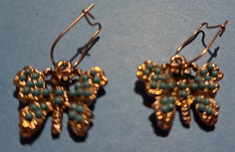 Mini Blue Stone On Silver Antique Butterfly Earrings