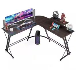 Reduced - Chipped Corner - 51 in. Black Walnut L Shaped Corner Gaming and Computer Desk with Monitor Stand