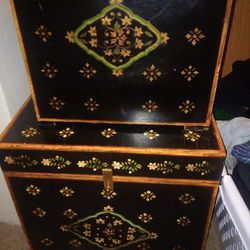 Mughal 1950s Hand Painted Lacquer Trunks Set Of 2