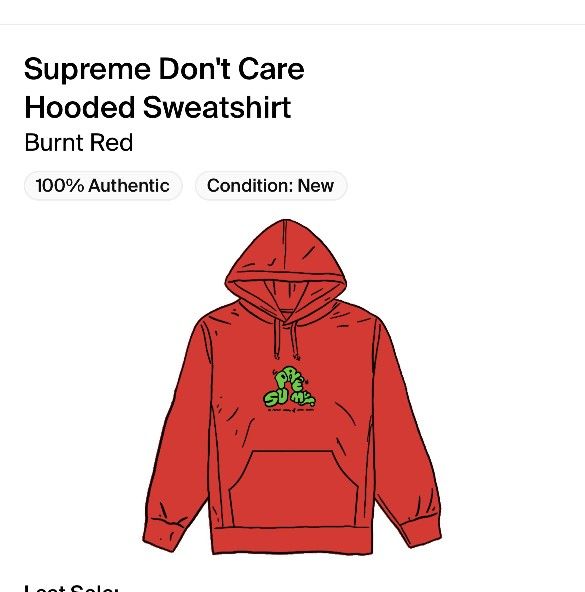 Supreme I Don't Care Hooded Sweatshirt  Size Medium 
