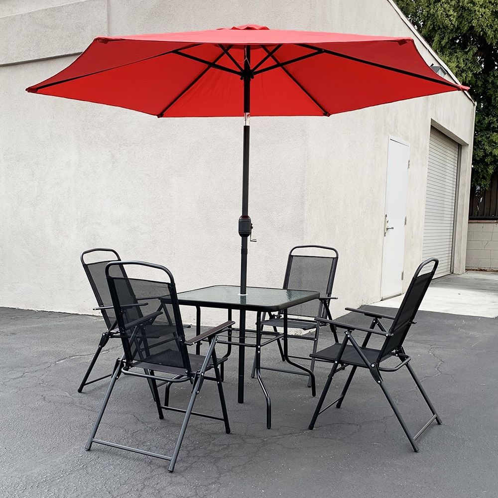 $140 (New) Outdoor 6pcs patio set with 32x32” table, 4pc folding chairs and 10ft tilt umbrella