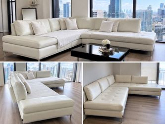 White Leather Sectional Sofa with Chaise
