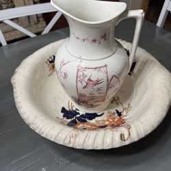 Antique Wash Pitcher & Bowl Set — Red Transferware Jug + Polychrome Basin