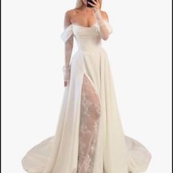 Off Shoulder Satin Wedding Dress Lace Long Sleeve Corset A-Line with Slit