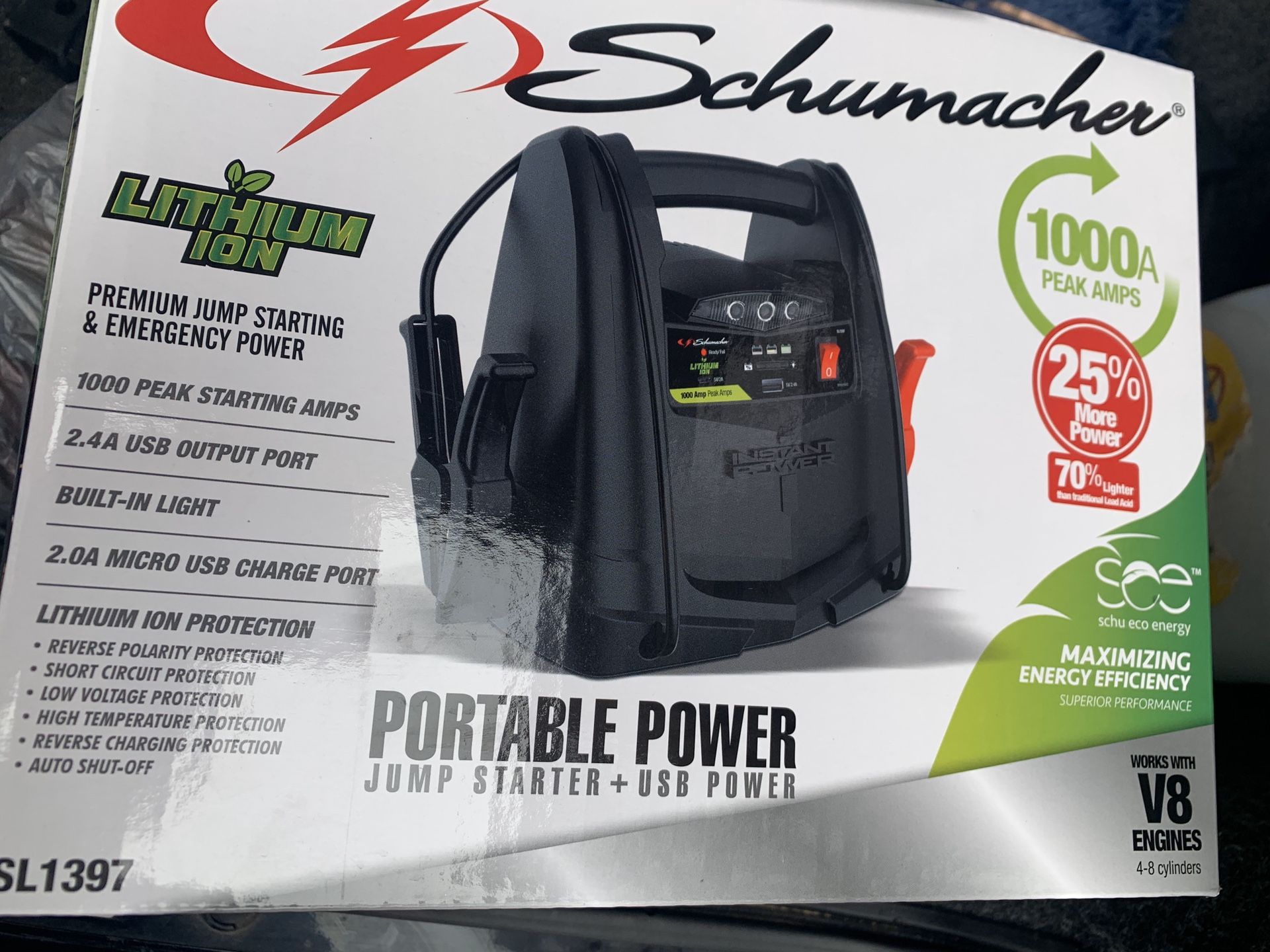 Portable power jump starter + usb power