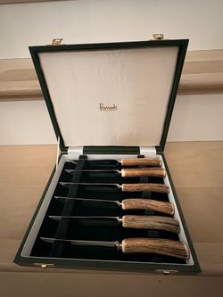 Vintage Harrods of London Stag Horn Steak Knife Set — 6 Piece, Original Case