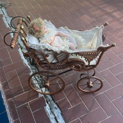 Antique Doll Carriage With Porcelain Doll 