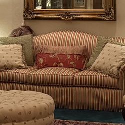 Formal Pink And Green Striped Couch (AVAILABLE AFTEr April 5)