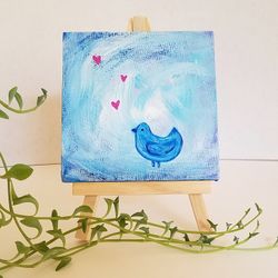 Bird Mini Painting Original Art on Canvas with Easel