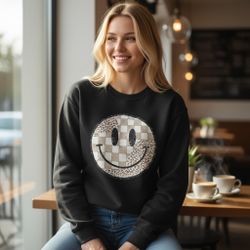 Black Graphic Smiley Sweatshirt – Checkered & Leopard Patch Design (S–XL)