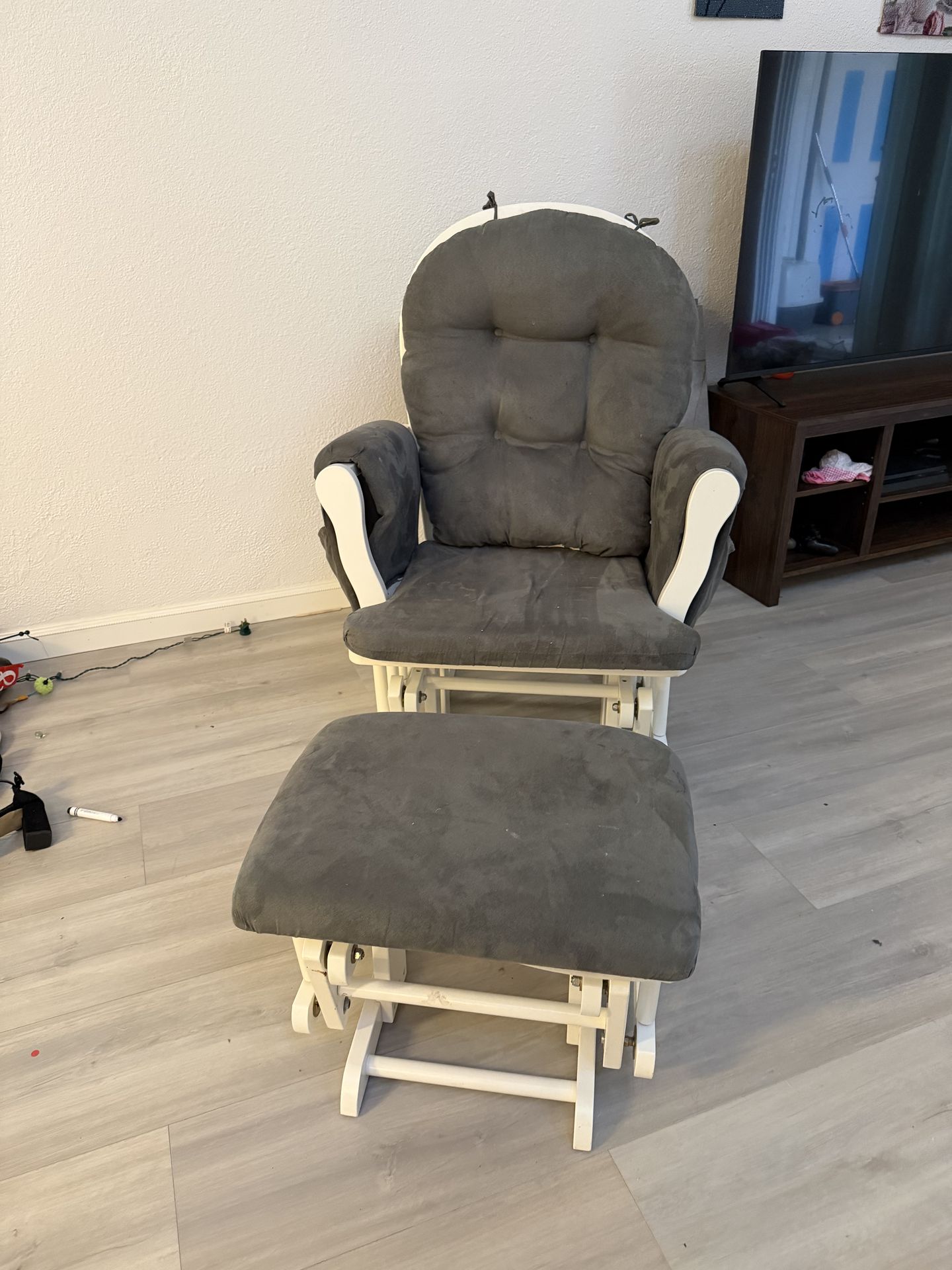 MOVING SALE White Wooden Rocking Chair with Ottoman