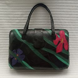 VINTAGE EXOTIC LEATHER HANDBAG: BLACK with FLORAL APPLIQUE Top Handles Hardshell