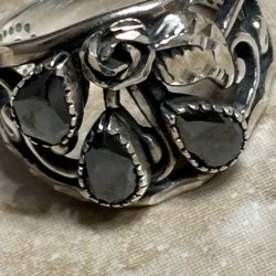 Sterling Silver 925 Ring With Black Stones