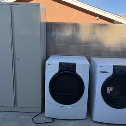 Washer, Dryer And Metal Storage 