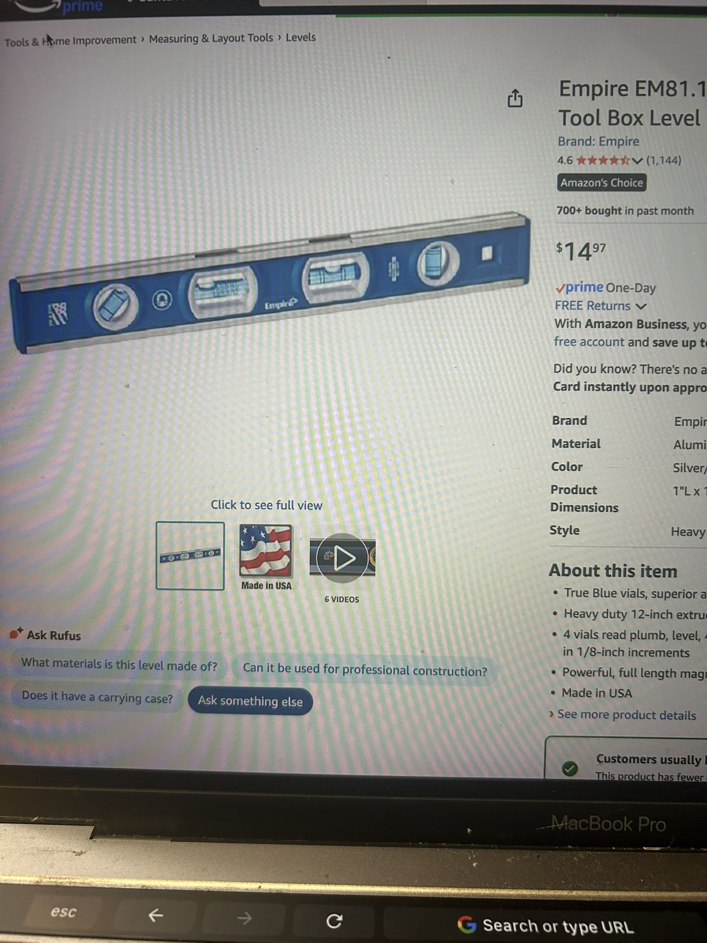 Empire EM81.12 True Blue 12-inch Magnetic Tool Box Level