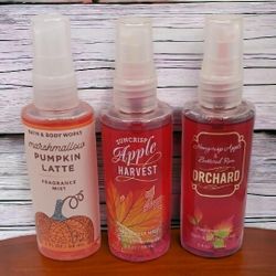 Bath and Body Works 3 fl. Oz. Marshmallow Pumpkin Latte, Suncrisp Apple Harvest and Honeycrisp Apple & Buttered Rum Orchard Fragrance Mists 
