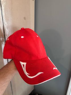 Red Baseball Cap Hat with White Graphic Embroidery & Piping Trim