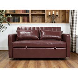 55'' Leather Small Loveseat Pull-out Sofa Bed - Adjustable Backrest With 2 Soft Pillows