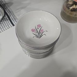 Elegant Porcelain Bowls, Pink Floral Motif & Silver Edge