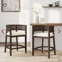 NEW IN BOX (4) Walnut Solid Wood + Rattan Frame Bar Stools