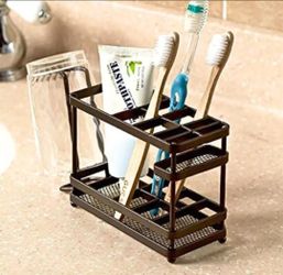 Compact bathroom organizer in bronze