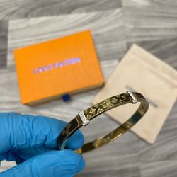 Gold Tone Monogram Engraved Cuff Bracelet w/ Crystal Accents – Luxury Style