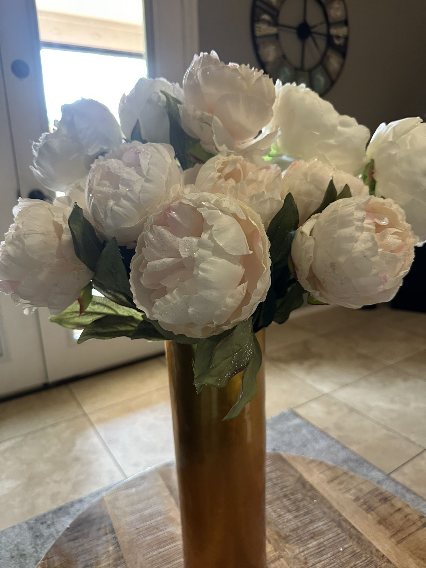 Lot of Silk Sugar Peonies and 3 Gold Bamboo Lacquerware Vases